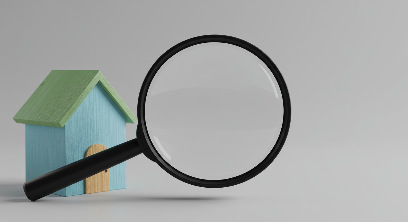 Close-up of a toy house with a magnifying glass focusing on the front door, symbolizing property inspection, real estate evaluations, and the home buying process.