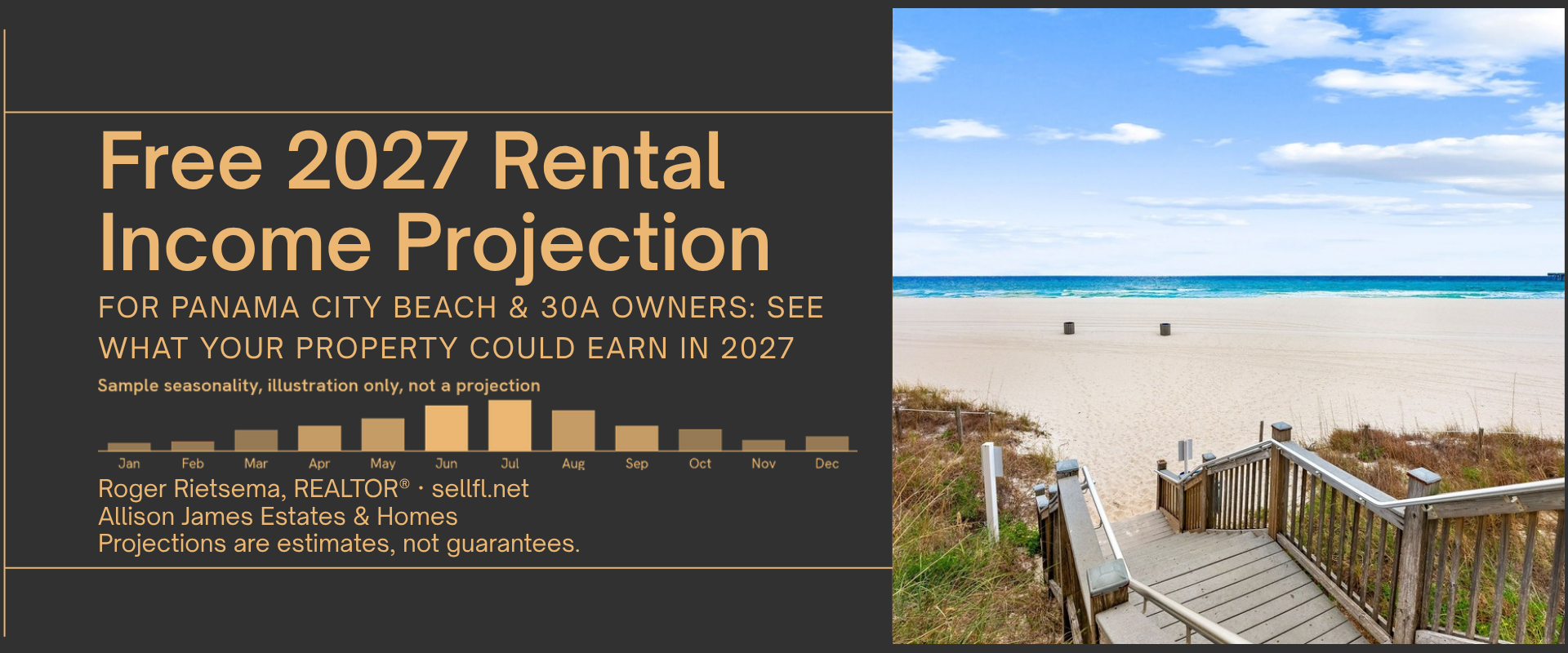 Free 2027 rental income projection for Panama City Beach and 30A owners, with a sample seasonality chart