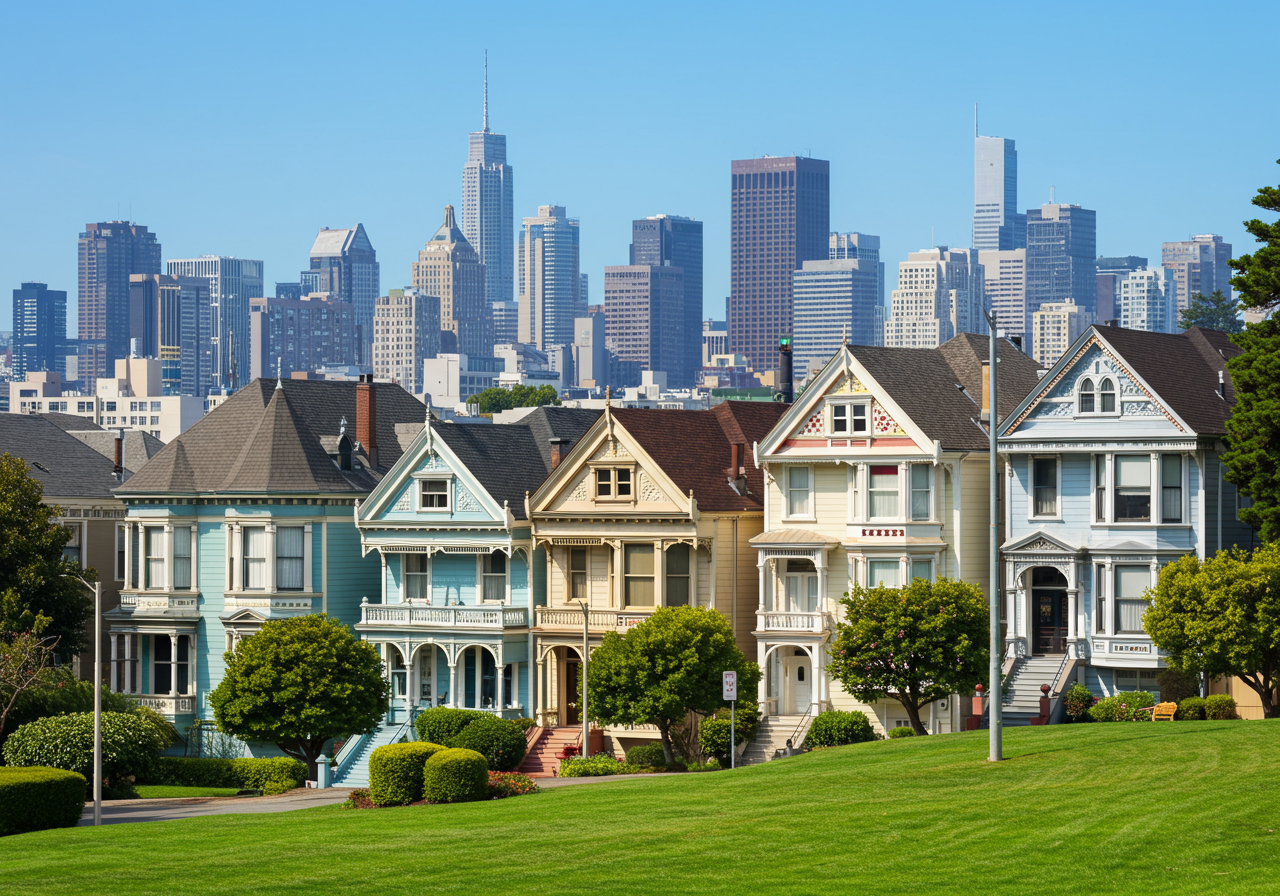Exterior of typical cozy similar residential houses located in peaceful suburb area of San Francisco against modern skyscrapers on sunny day