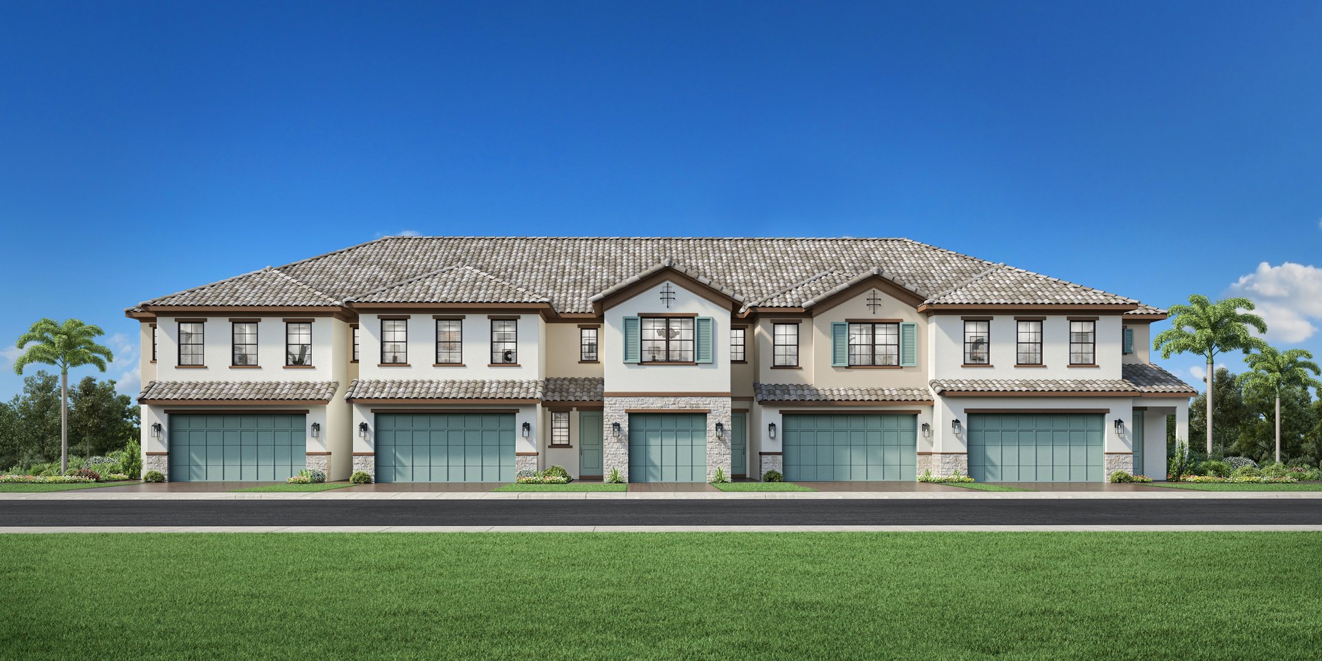 Toll Brothers rendering of a Summercrest Mediterranean townhome building in Estero, Florida, two stories with tile roof, stucco, stone accents and one and two car garages
