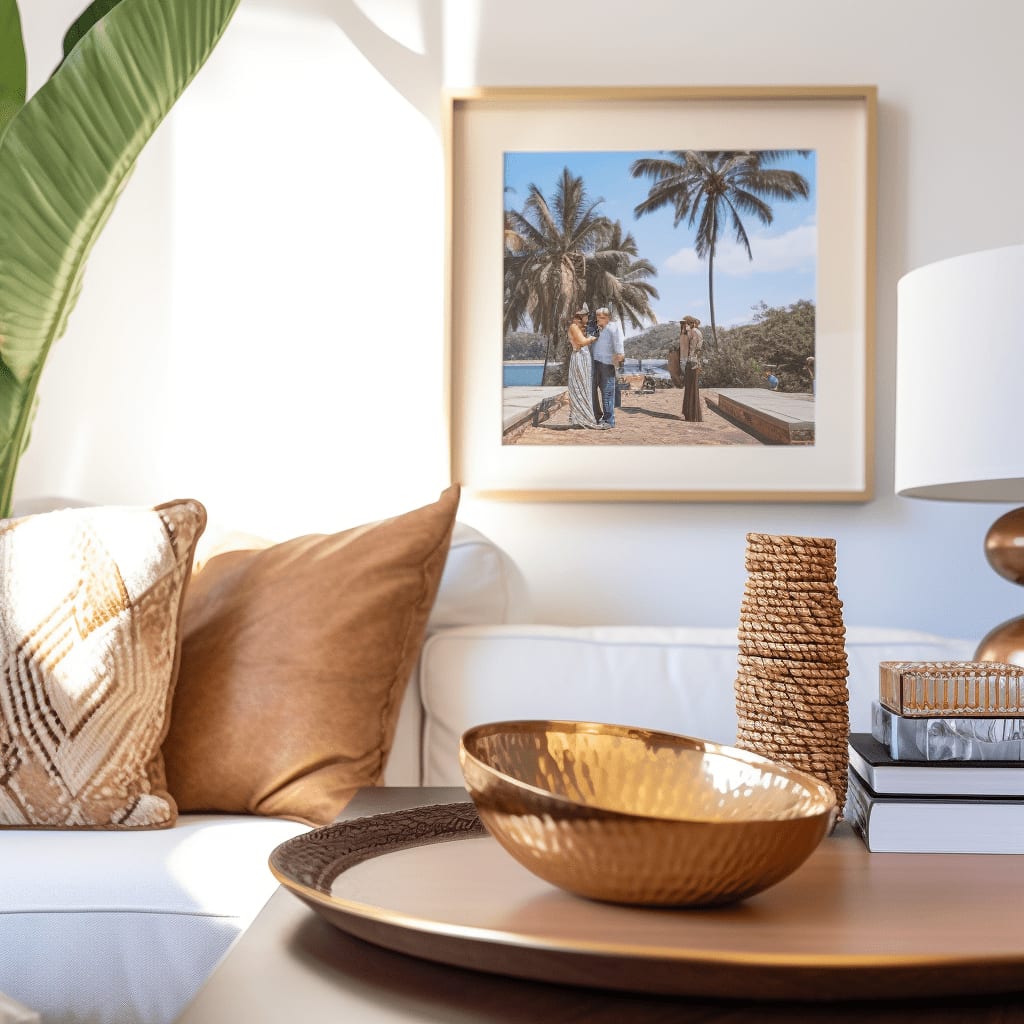 A living room with a white couch, a wooden coffee table, and a fruit bowl on it.