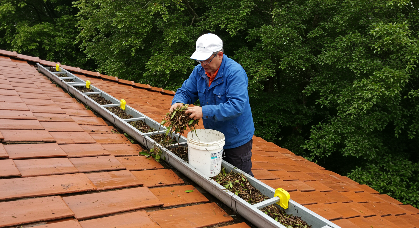 Man cleaning debris from gutters.