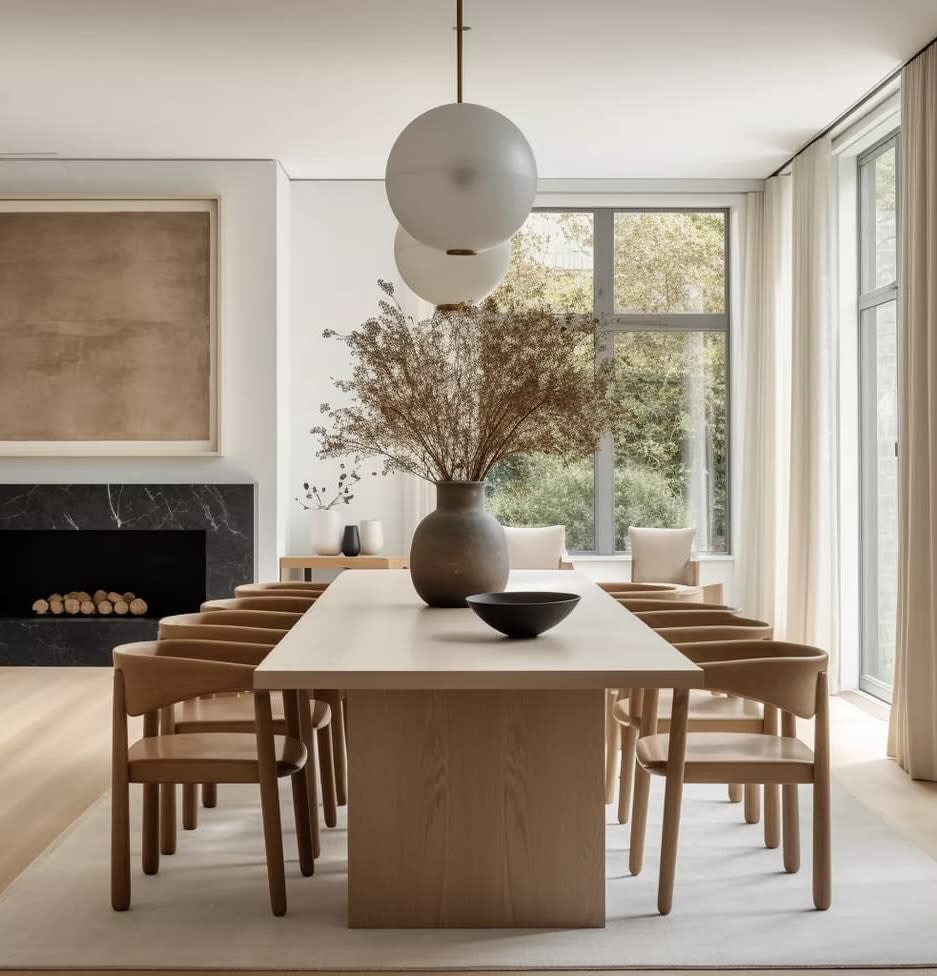 A long wooden dining table with chairs sits in a brightly lit dining room.