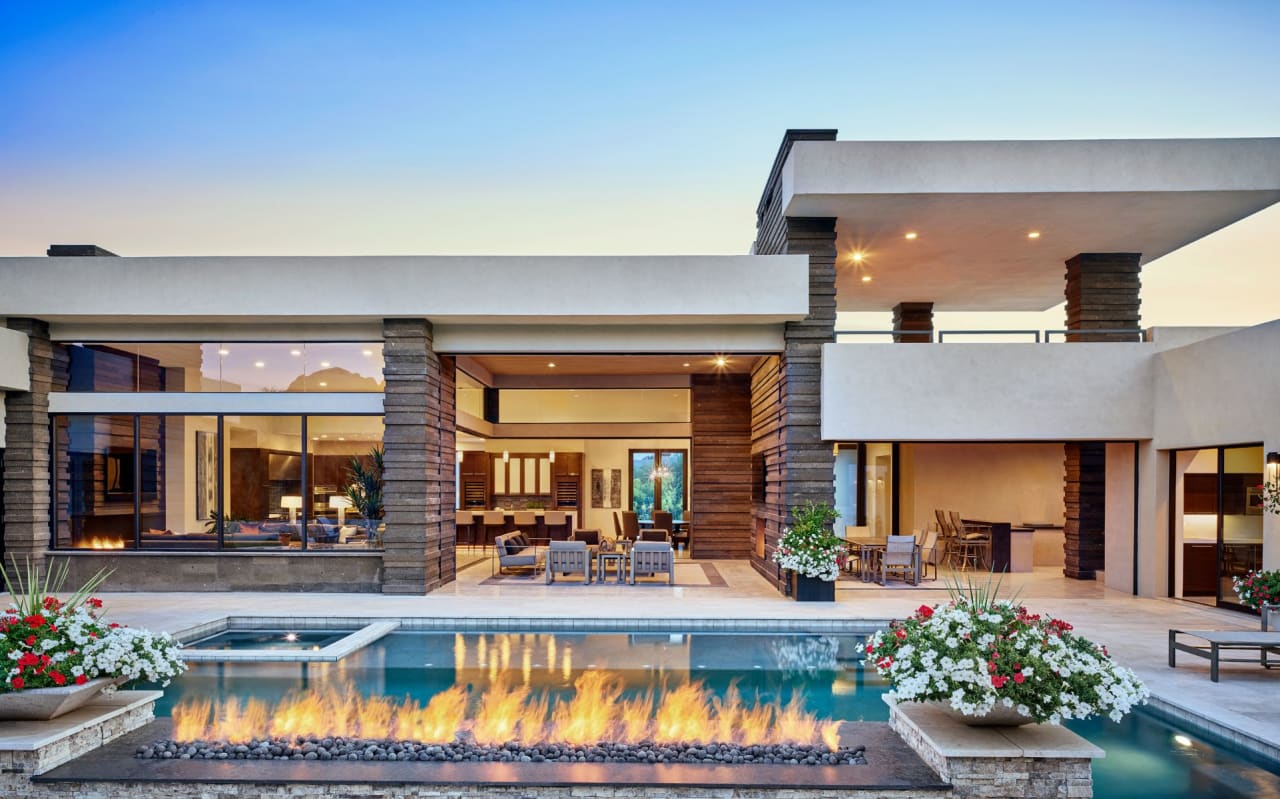 Modern luxury home floating pool and fire feature