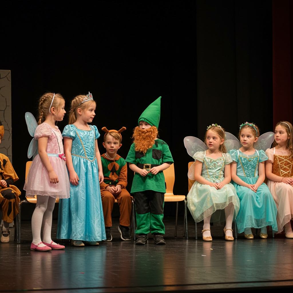 Children in fairy-tale costumes perform onstage, with a princess, fairies, and a green-clad character.