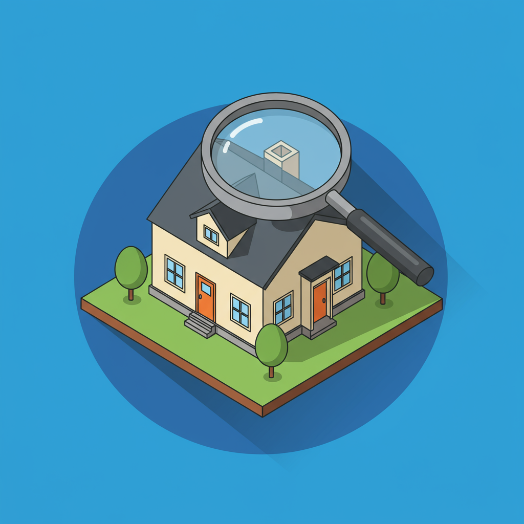 Illustrated house on a green lot beneath a magnifying glass.