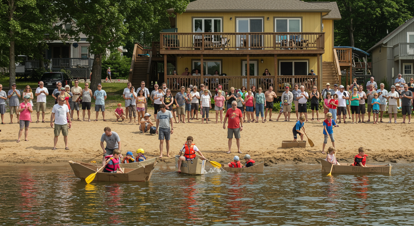Children paddle homemade cardboard boats while a crowd watches from a sandy lakeside shore.