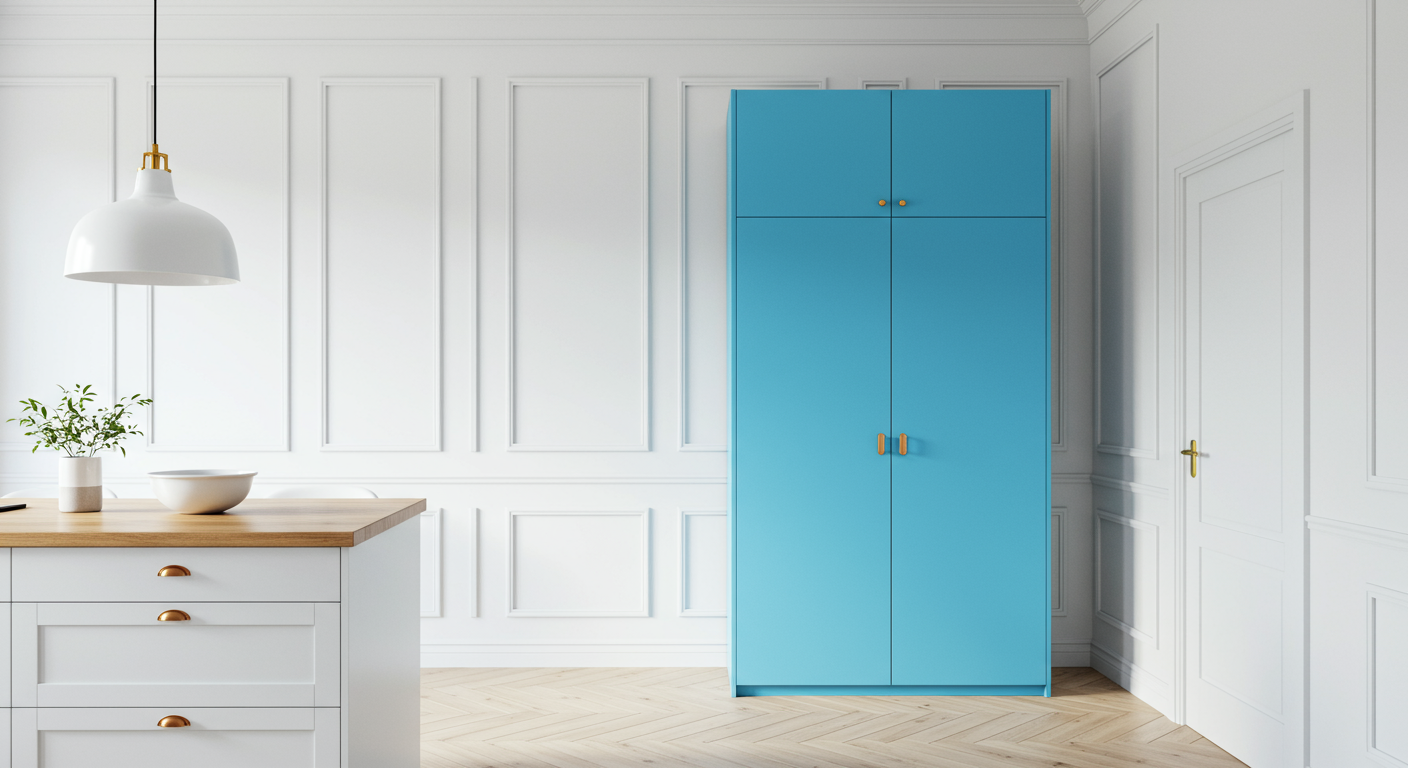White kitchen with panelled wall and blue cabinet