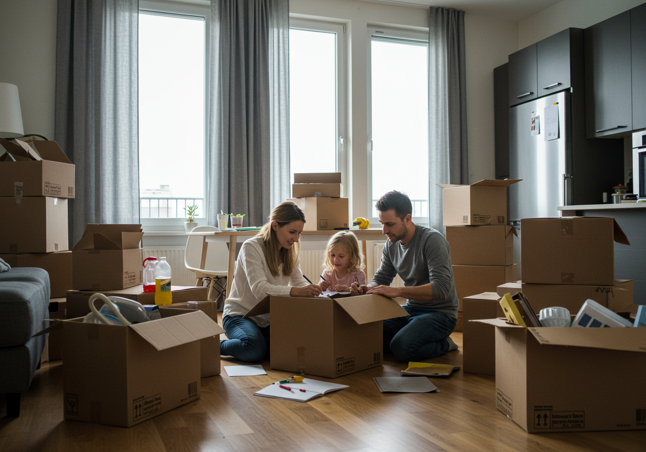 Family packing boxes to move, buy a home or sell in the San Francisco Bay Area