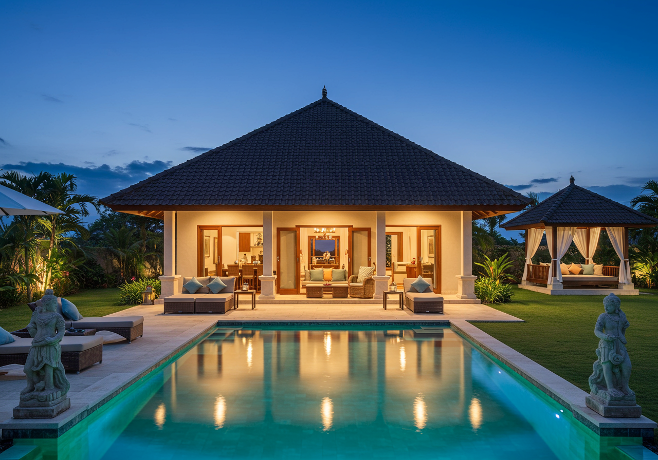 backyard at night in Balinese-style estate in Launiupoko maui