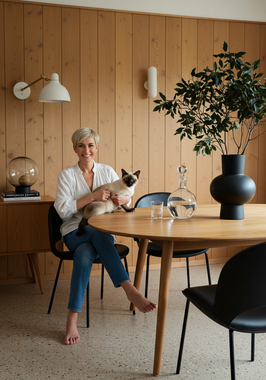 Image may contain Heidi Gardner Indoors Interior Design Person Sitting Chair Furniture Adult Plant and Wood Panels