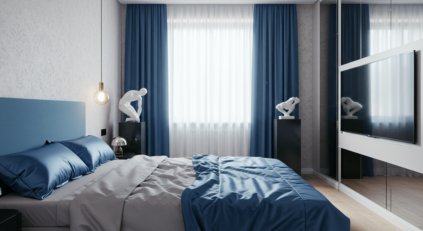 Interior of bedroom with pearl wallpapers and blue curtains