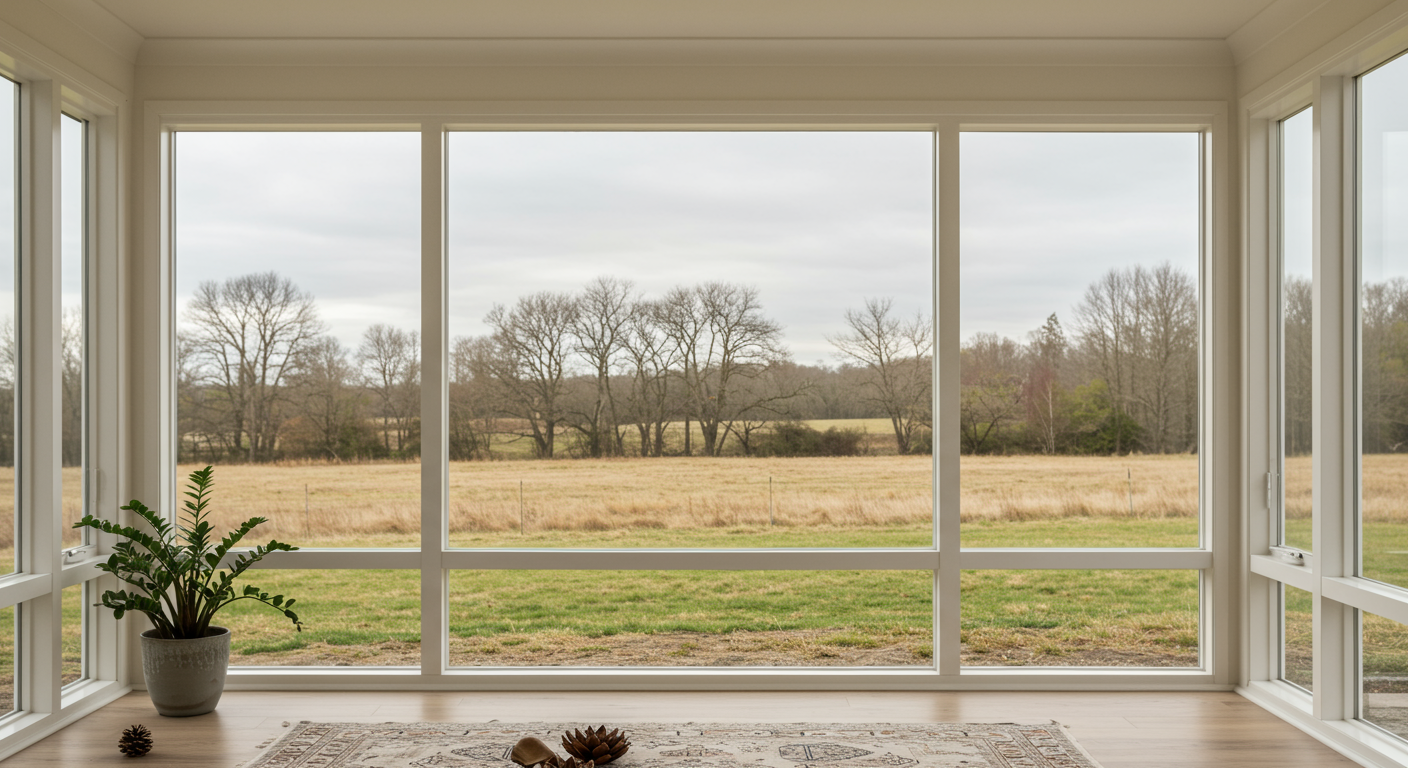 a view of a field through a window