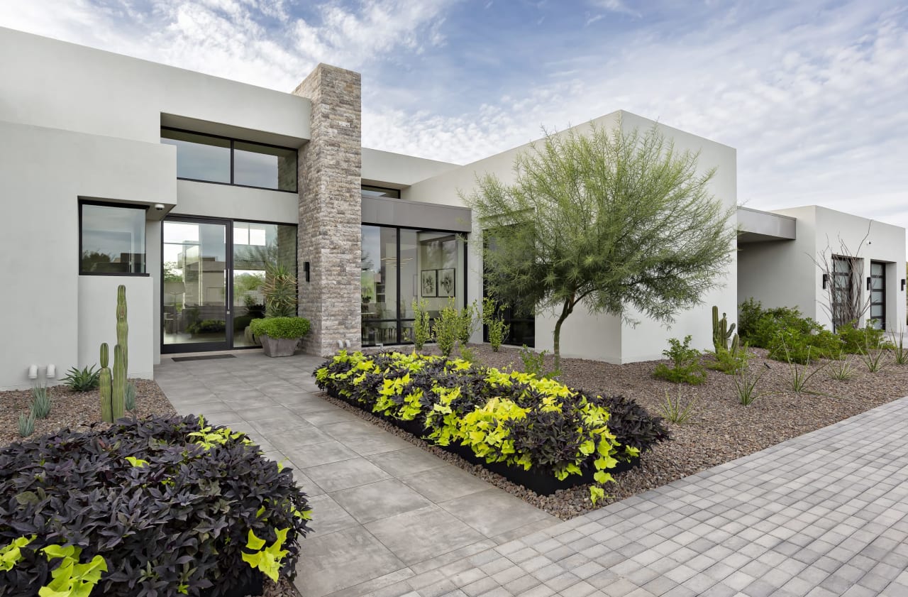 Glass door and front entry of modern home