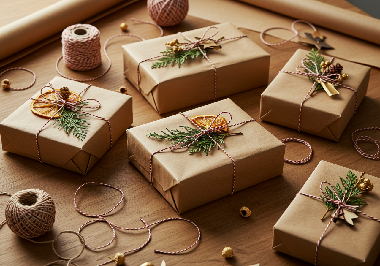 Variety of Christmas presents wrapped in the environmentally friendly paper