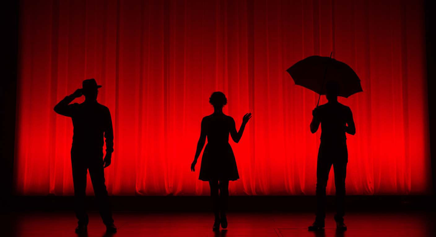 Three silhouetted performers on a red-lit stage, including one holding an umbrella.
