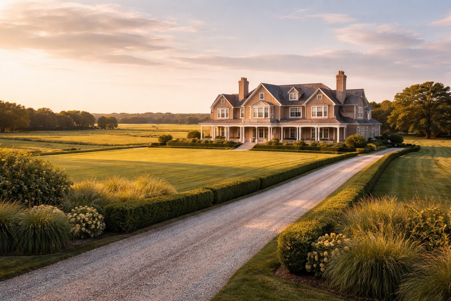 Water Mill large home with manicured grounds surrounded by fields