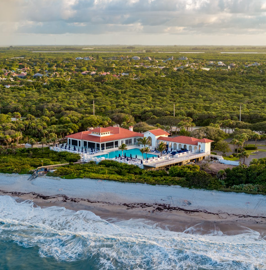 Aerial view of Vero Beach barrier island beach club and Atlantic Ocean, Indian River County Florida luxury real estate