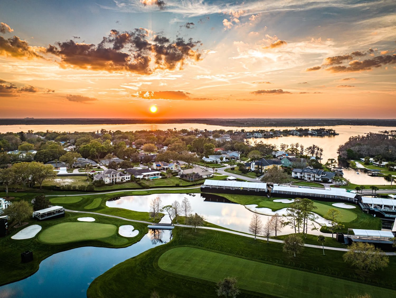 Aerial photo at sunset of Bay Hill golf club at Dr. Phillips Orlando