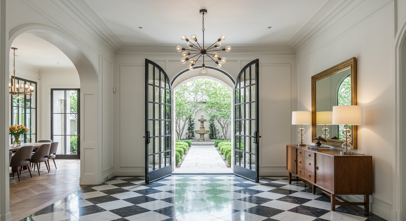 Luxury foyer with checkerboard floors, open arched doors, and a view of a fountain courtyard.