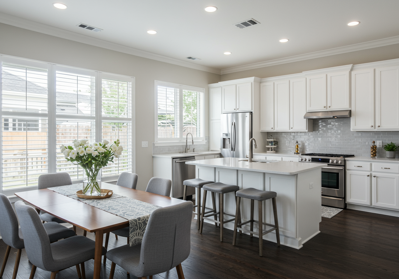 Kitchen and open dining area with stainless steel appliances, large center island and white cabinets. 