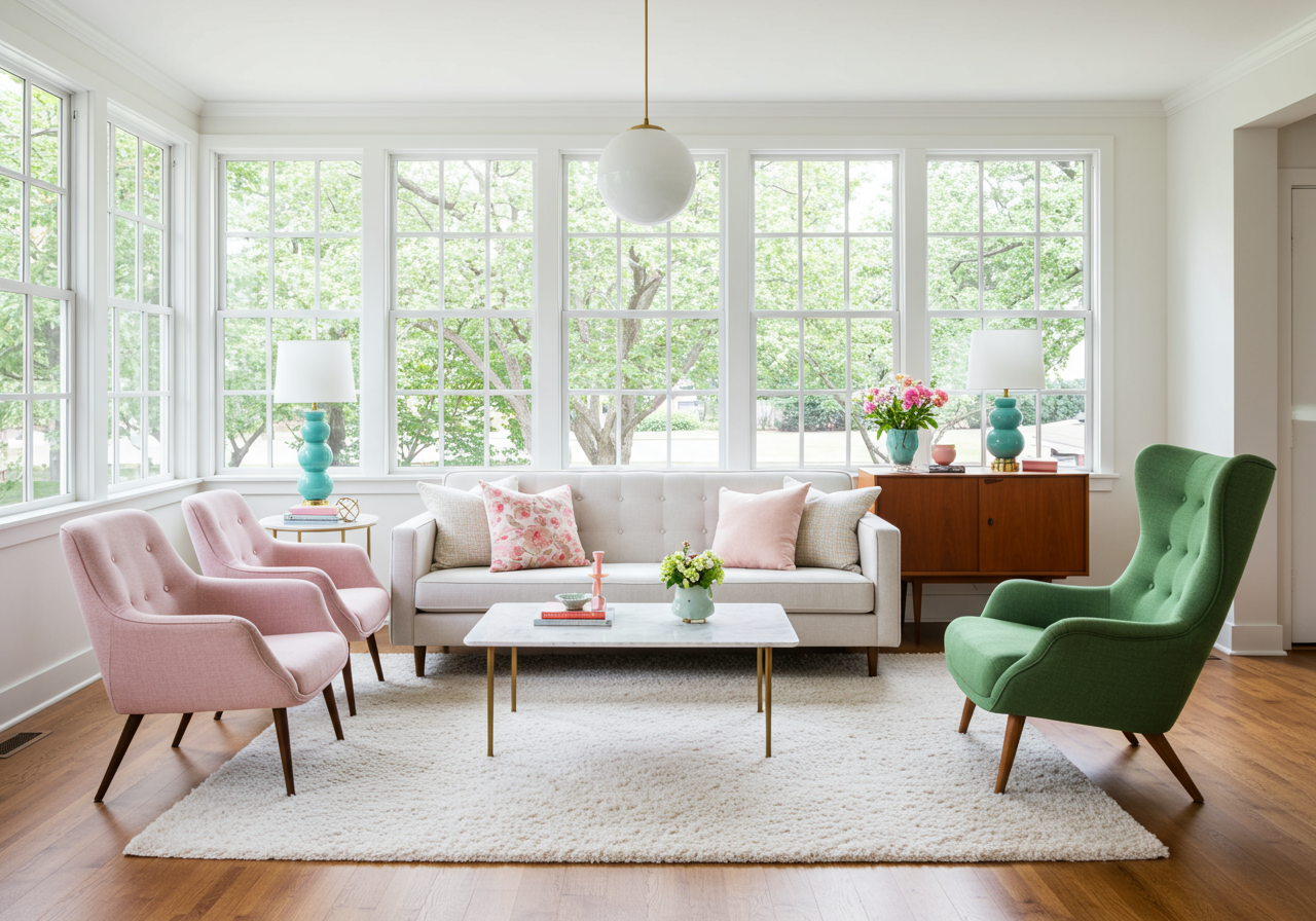 A custom bar in ribbed oak backdrops the lower-level family room, with a Hans Wegner Mama Bear chair and Simple side tables by Dufner Heighes; marble from Artistic Tile tops the Space Copenhagen Fly table.