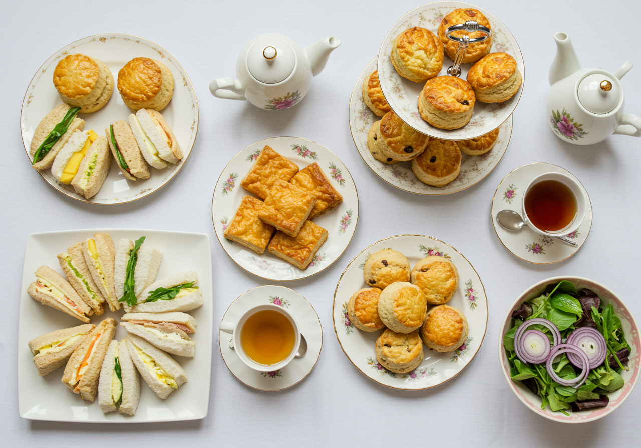 Afternoon tea spread with scones, finger sandwiches, pastries, tea, and salad on floral china.