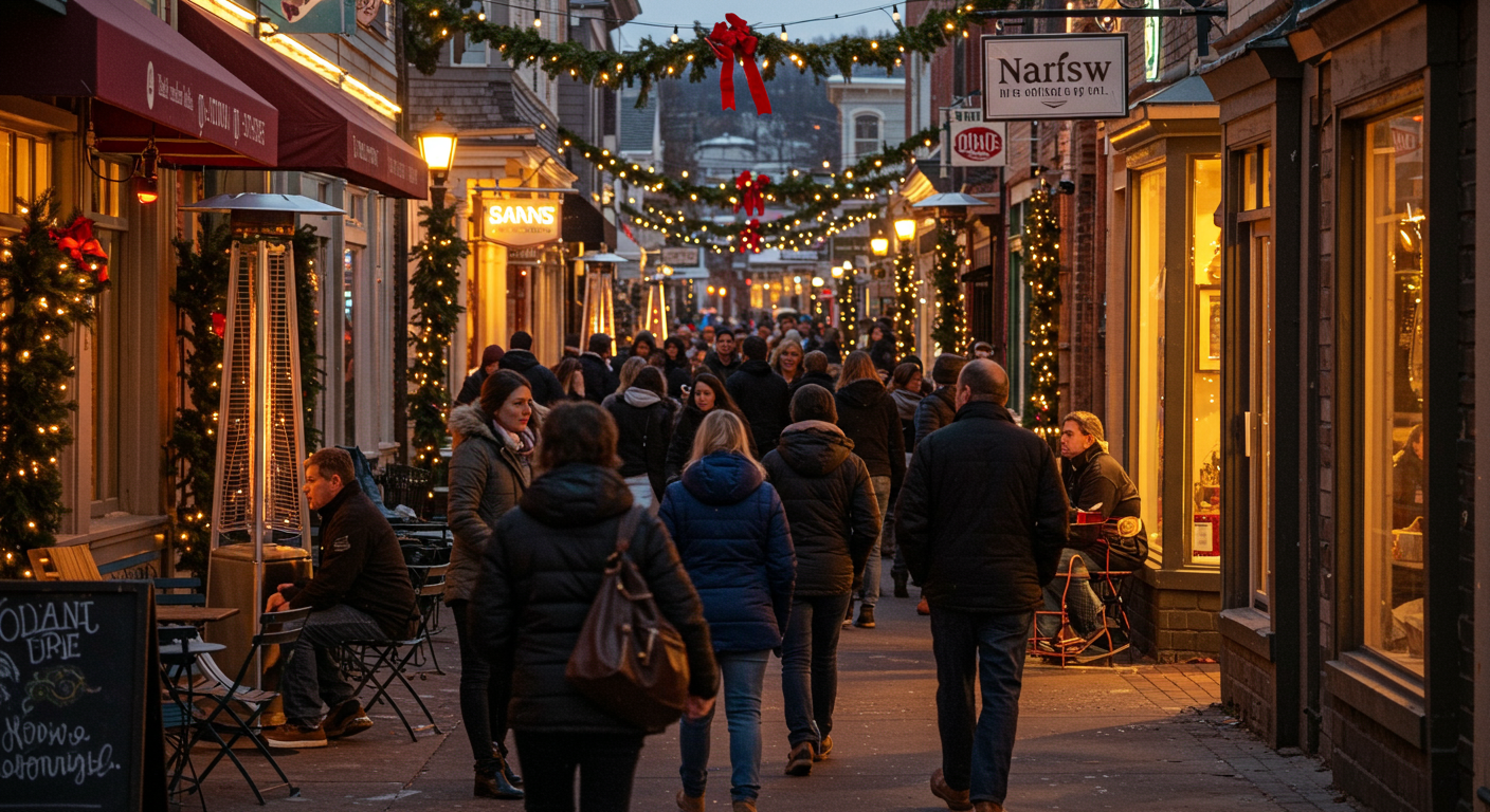 A crowded shopping street glows with Christmas lights and storefronts at dusk.