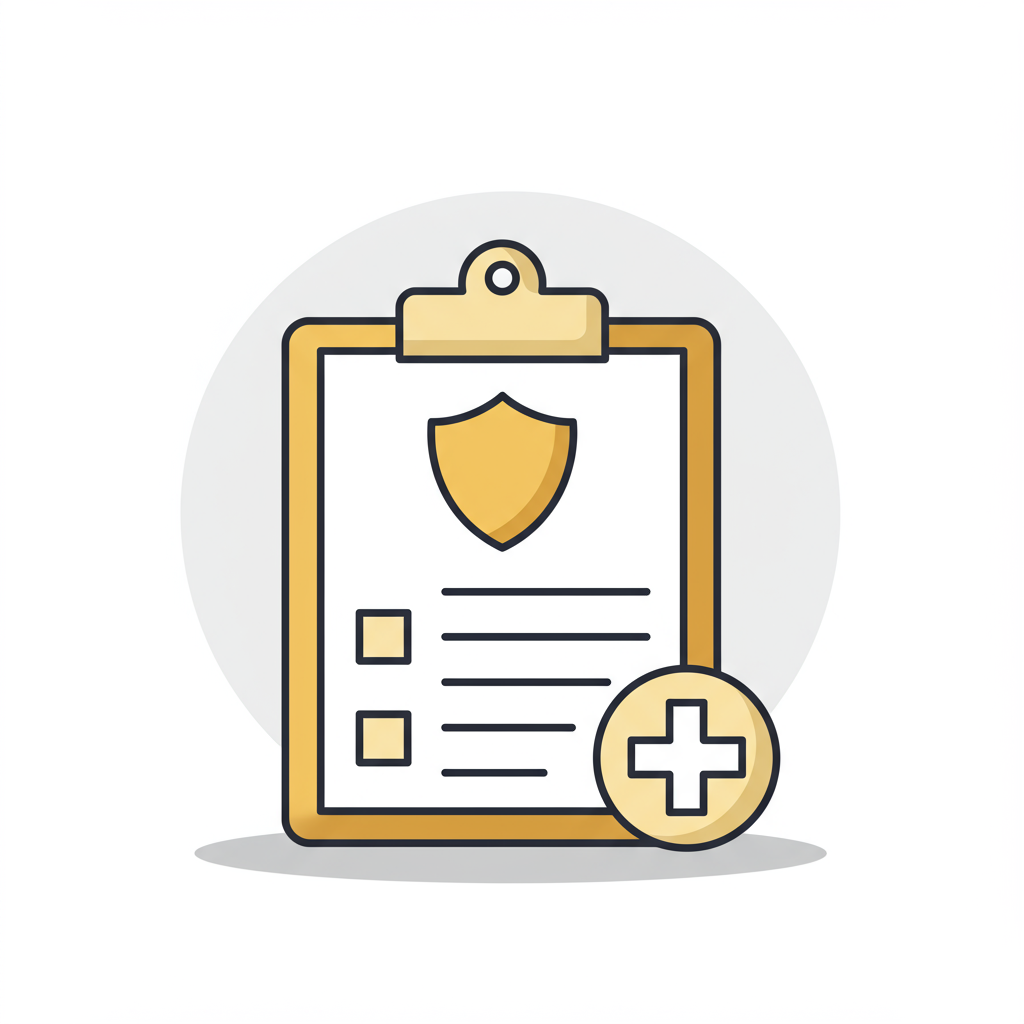 Safety checklist icon with a shield emblem and plus sign.