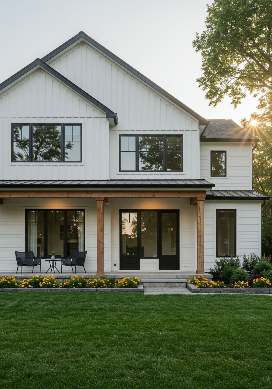 White two-story home with a covered patio, yellow flower beds, and a broad green lawn at sunset.