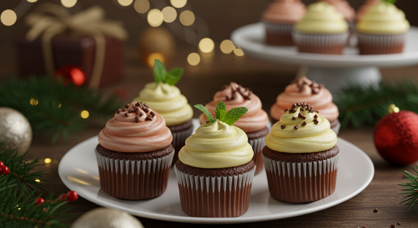 Chocolate cupcakes with pink and yellow frosting on a plate, decorated with chocolate pieces and mint leaves.