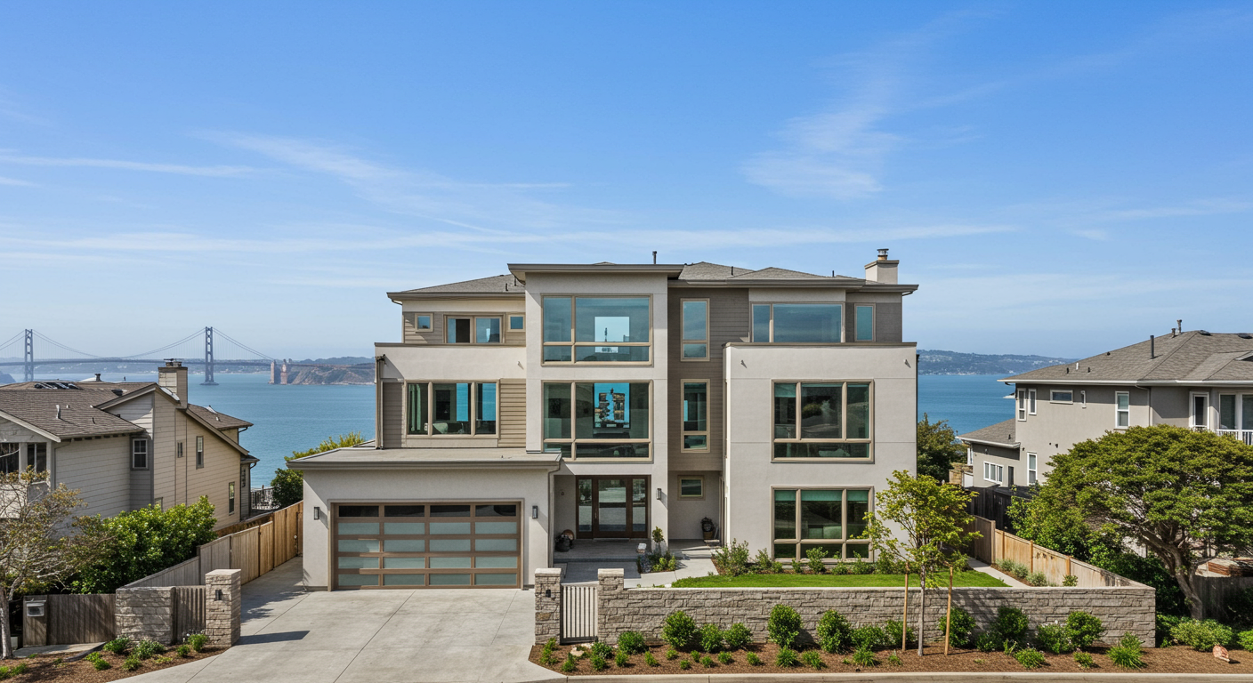 Modern multi-story home with a three-car garage, bay and suspension bridge in the background.