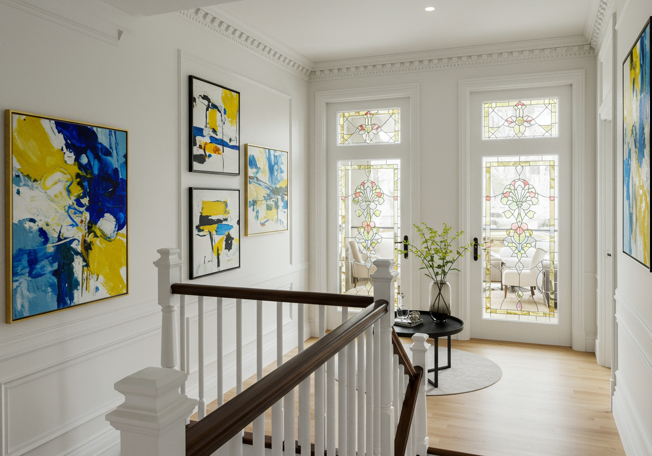Bright foyer with stained-glass double doors, abstract paintings, and a dark wood stair railing.