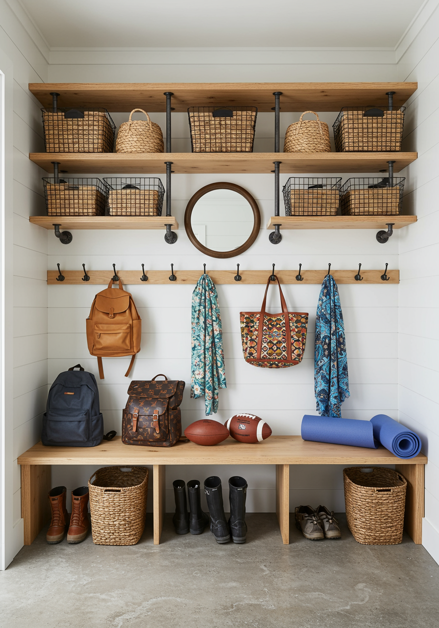 drop zone storage with mirror and shelves with bench