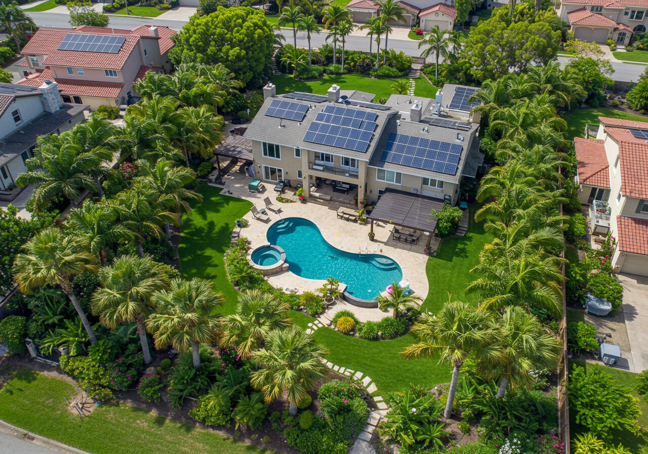 Aerial view of 1337 Skyros Way showing the lush grounds and backyard pool