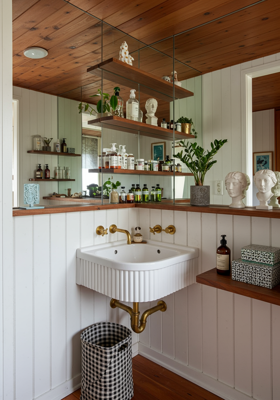 This renovated bathroom features some greenery on the wooden wave shelves designed by Sussy and made by Robert of&nbsp;PlaneAble.