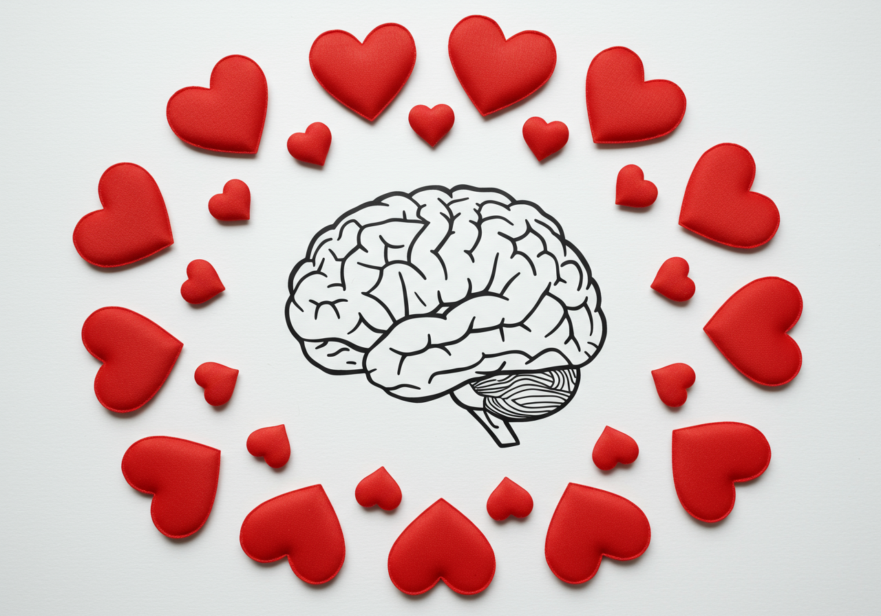 The human brain against the background of many red hearts. Health, love and medicine.