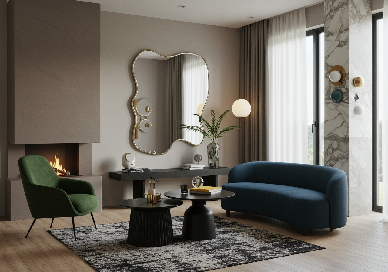 Image may contain Indoors Interior Design Fireplace Coffee Table Furniture Table Home Decor and Architecture