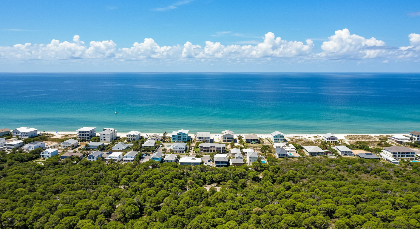 Aerial view of Seagrove beachfront homes, turquoise Gulf waters, and dense coastal greenery.