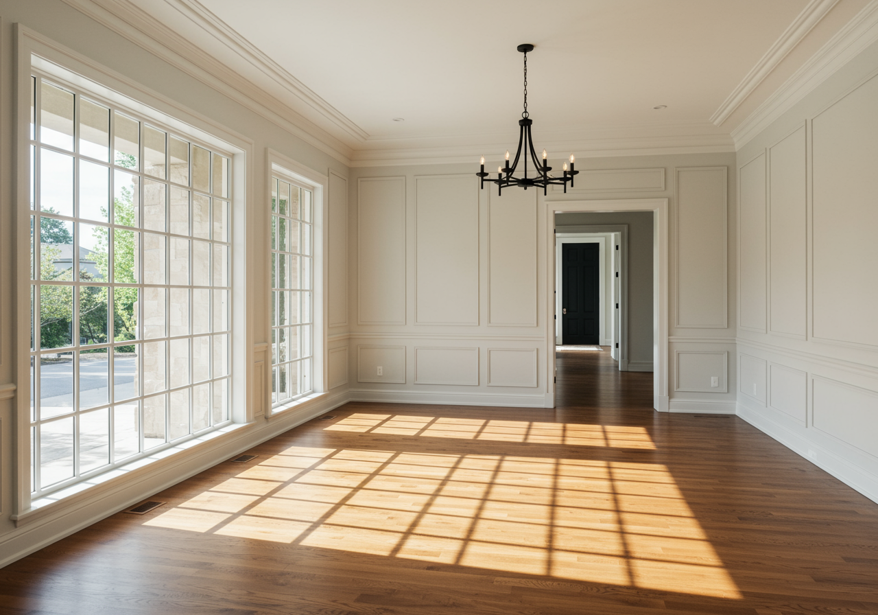 Empty paneled room with hardwood floors, tall grid windows, and sunlight casting shadows across the floor.