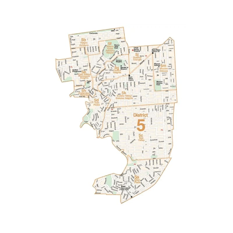 A detailed map of District Five in San Francisco, California. The map displays the boundaries and major streets of this vibrant and eclectic neighborhood.  District Five encompasses a mix of diverse communities and a wealth of attractions. The map highlights the bustling and culturally rich neighborhoods of the Mission District and Castro, known for their lively streets, colorful murals, and vibrant LGBTQ+ community.  Key landmarks such as Dolores Park, a popular gathering spot for locals and visitors, and the historic Castro Theatre are prominently featured on the map, giving viewers a glimpse of the area's cultural significance.