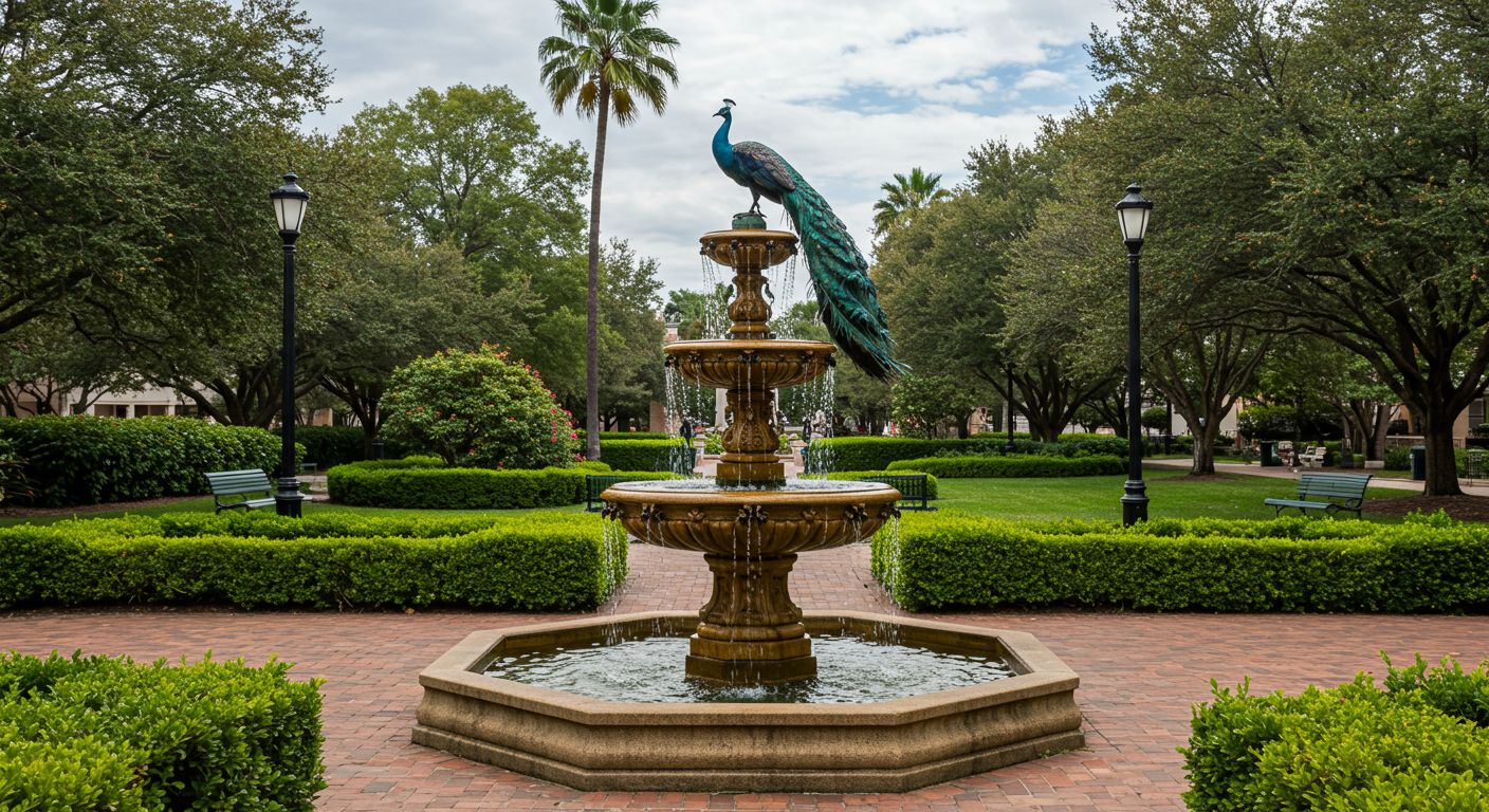 Fountain with peacock sculpture in a park