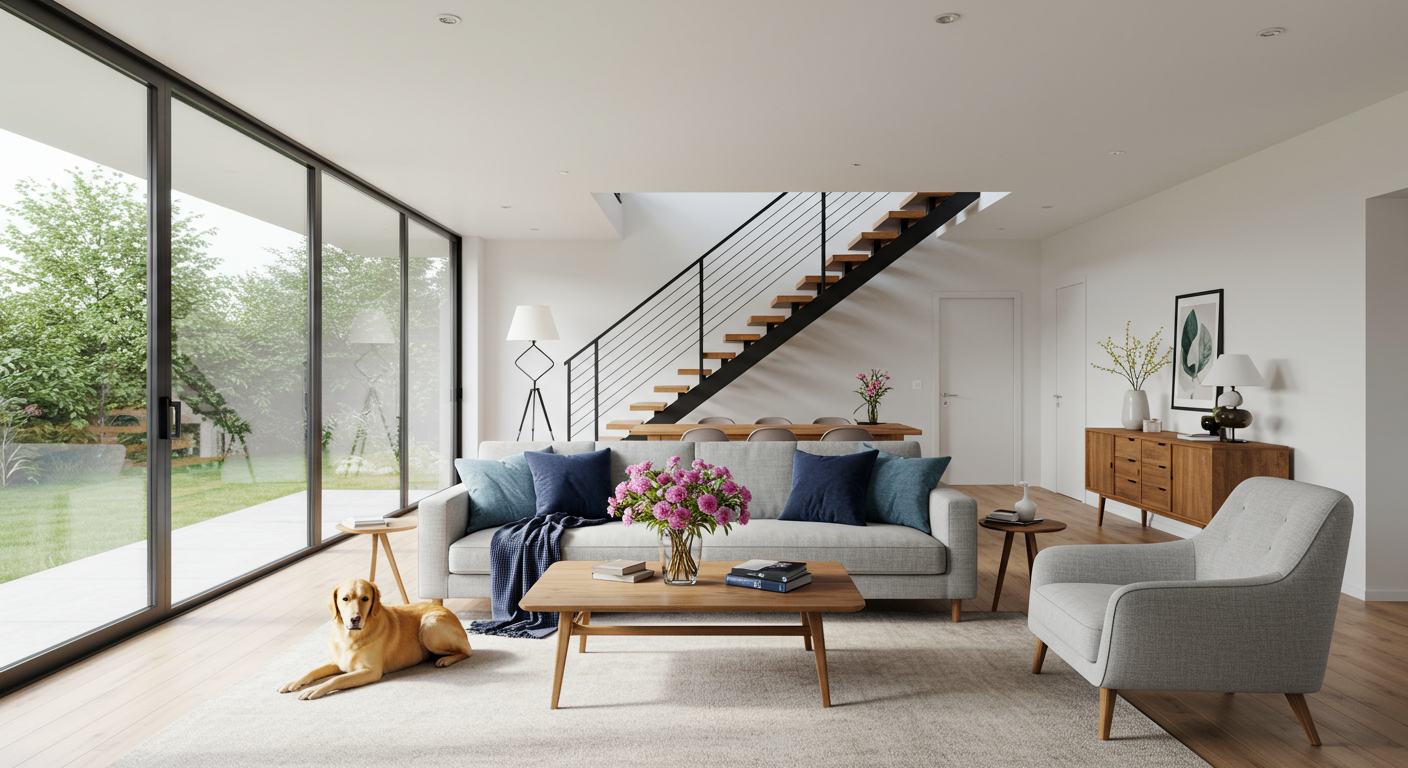 Modern living room with floor-to-ceiling windows, open staircase, and a dog resting on the rug.