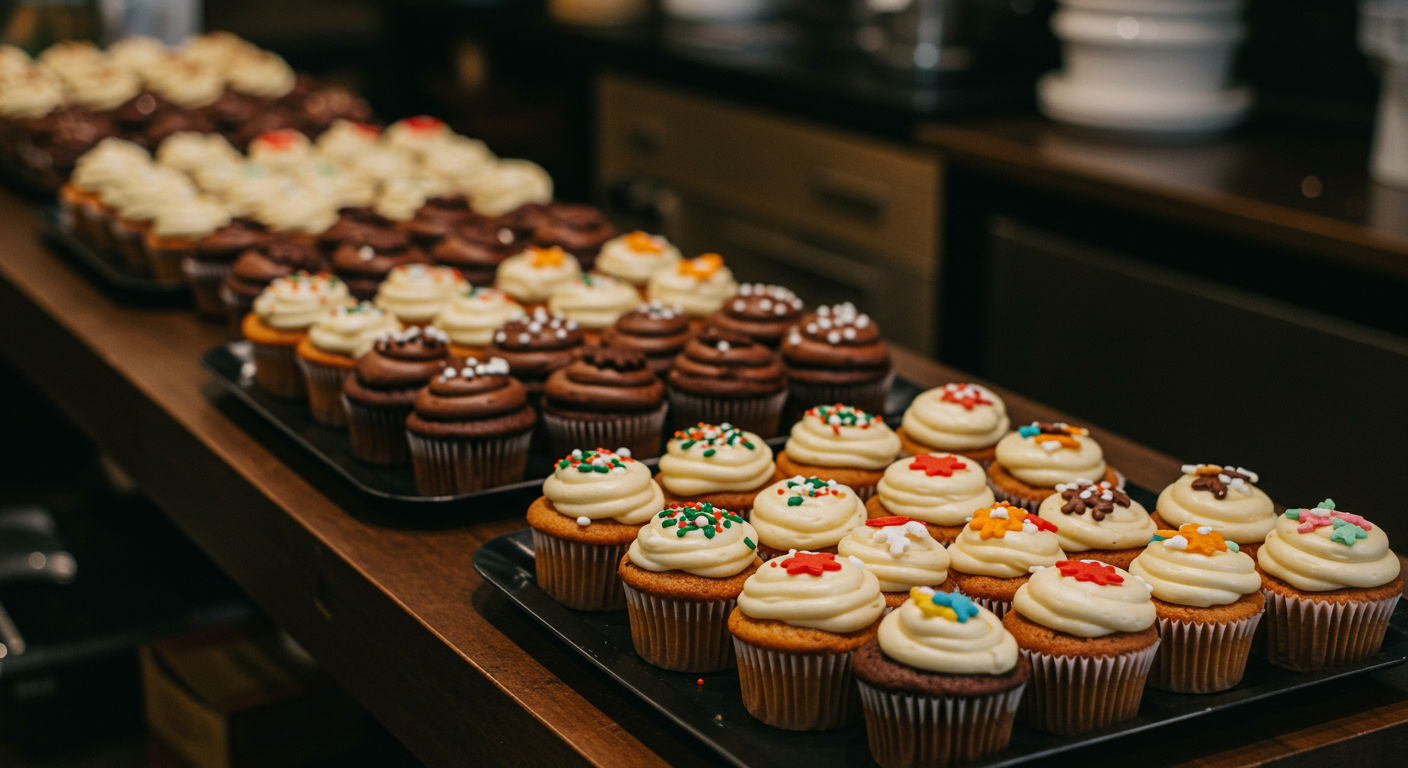 Trays of chocolate and vanilla cupcakes topped with frosting, colorful sprinkles, and shaped decorations.