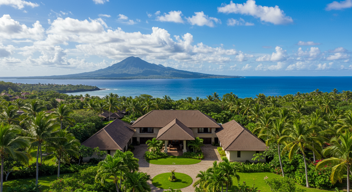 view of Balinese-style estate in Launiupoko maui with ocean in background