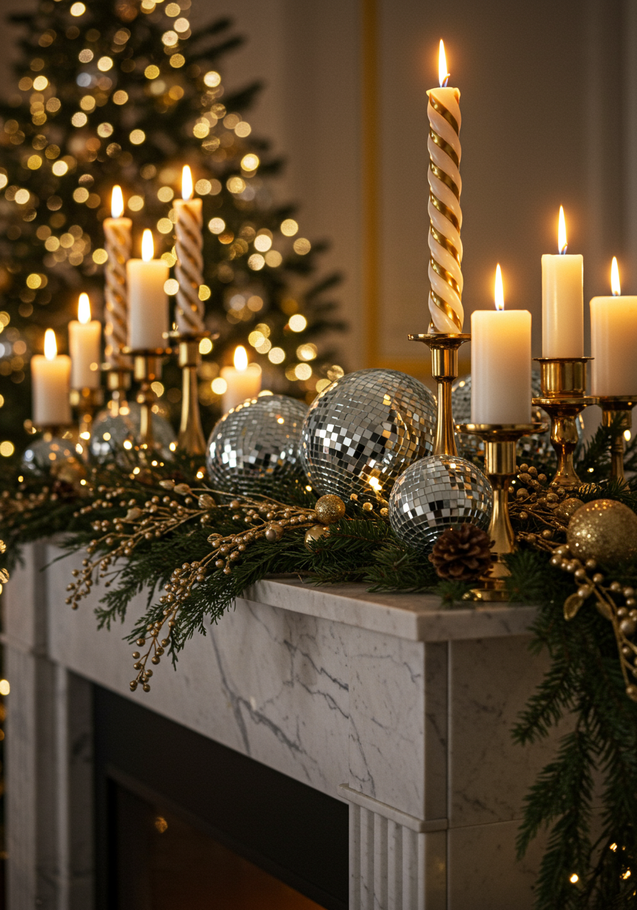 a festive arrangement features several lit candles in various holders, surrounded by greenery and glittering disco balls in the background, a decorated christmas tree twinkles with lights, creating a warm, inviting atmosphere the decorative elements include gold and white striped candles along with smooth metallic candle holders, adding a touch of elegance to the setting