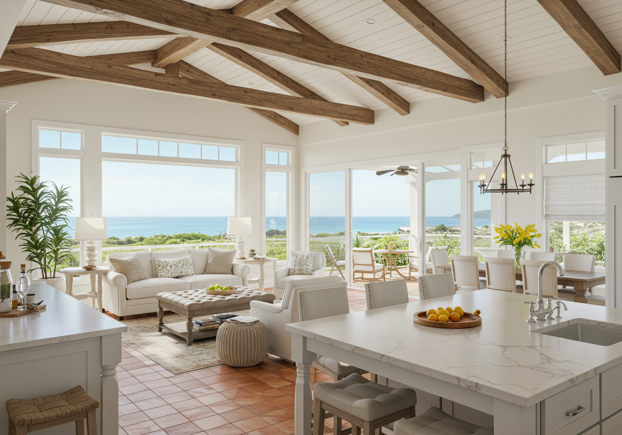 Living room with wood beamed ceilings opening to large outdoor deck.