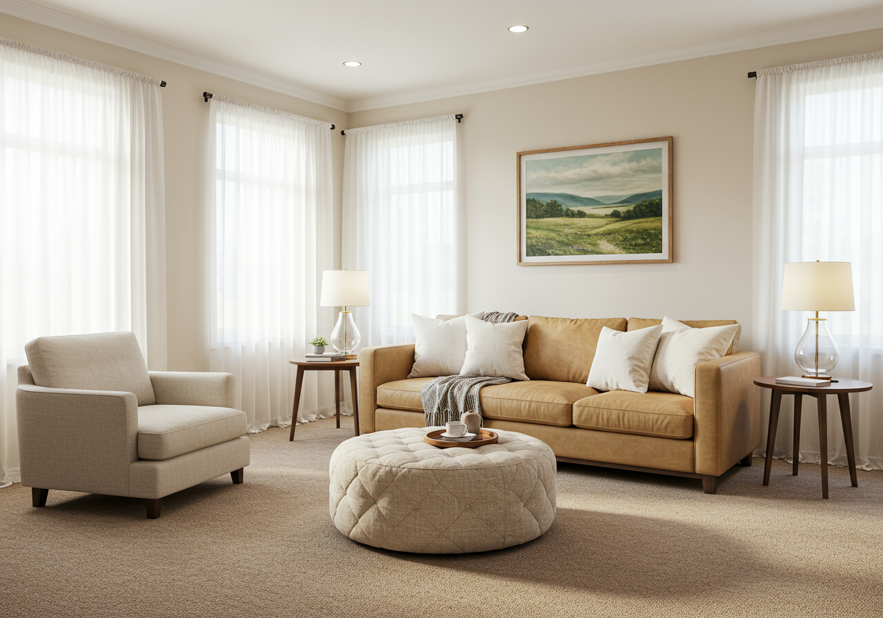Living room with a tan sofa, neutral armchair, and tufted round ottoman.
