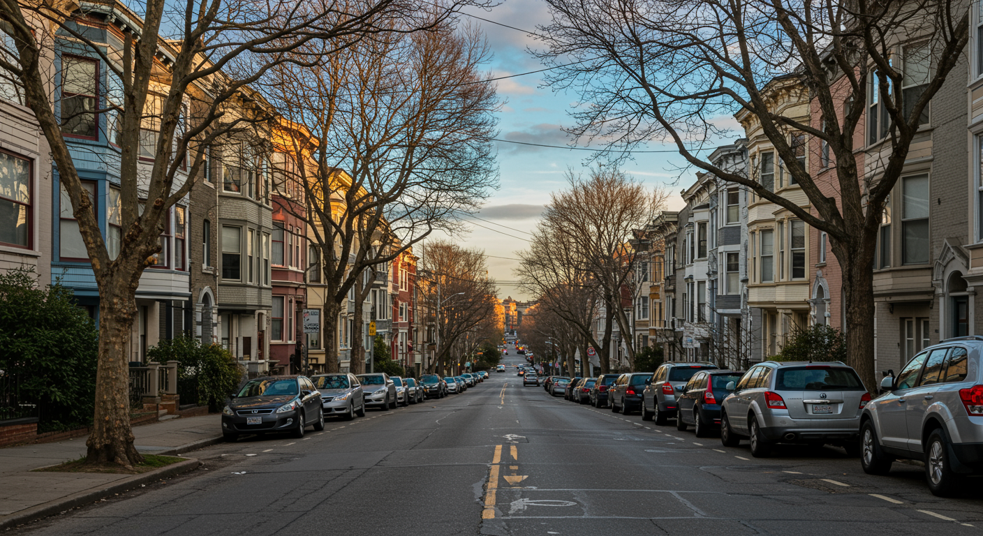 Street scene in Hayes Valley, San Francisco. Trees line the sidewalks, while buildings showcase a mix of architectural styles. Credit Scott Tan