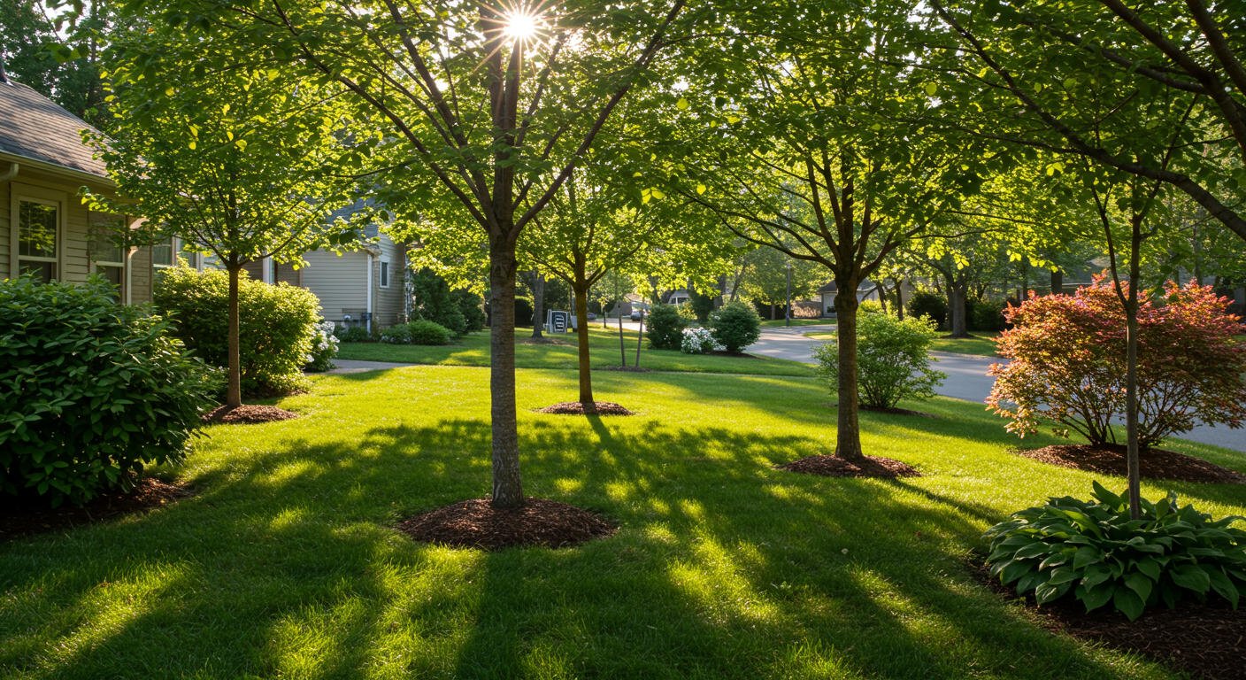 Trees and other green plants on a front yard